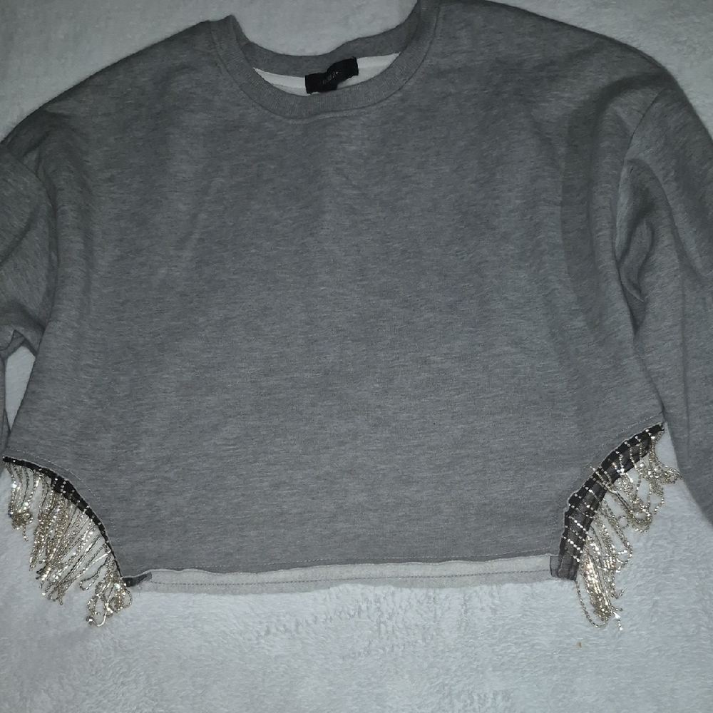Gray Cropped Embellished Sweatshirt